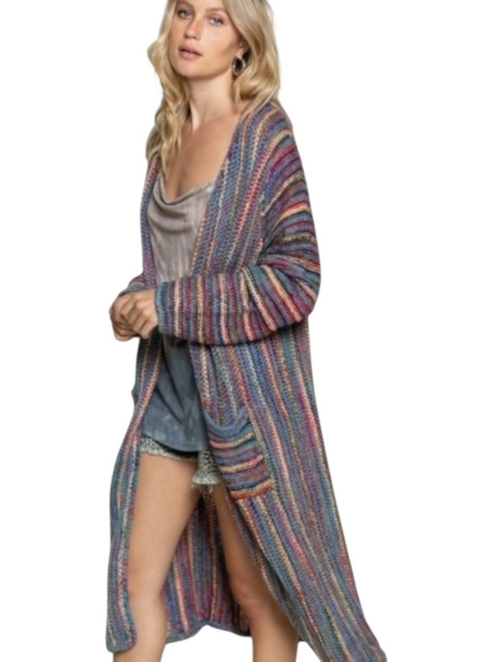 POL Sweater Cardigan Duster Womens Small Rainbow Long Boho Artsy Cottagecore